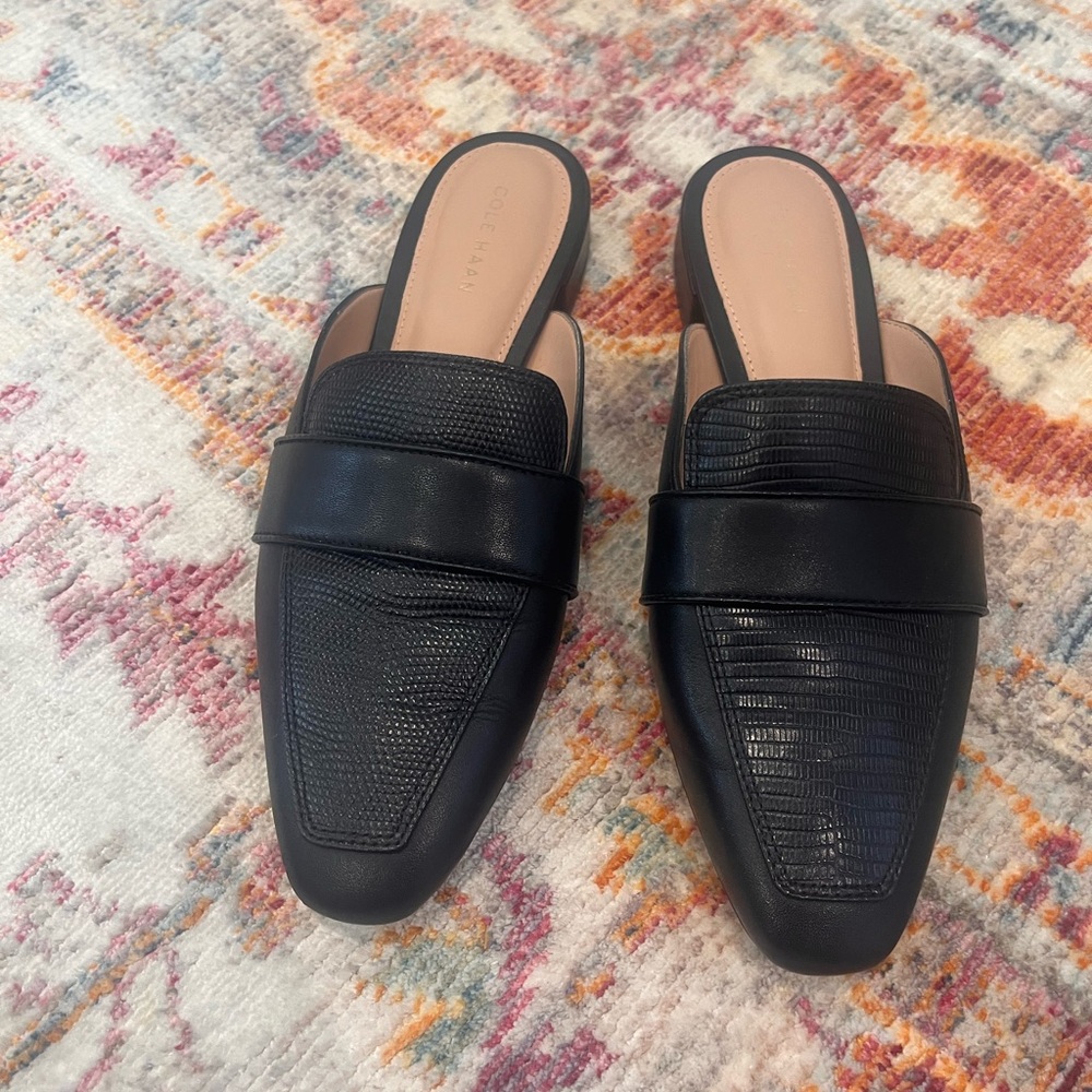 Cole Haan Black Textured Leather Mules